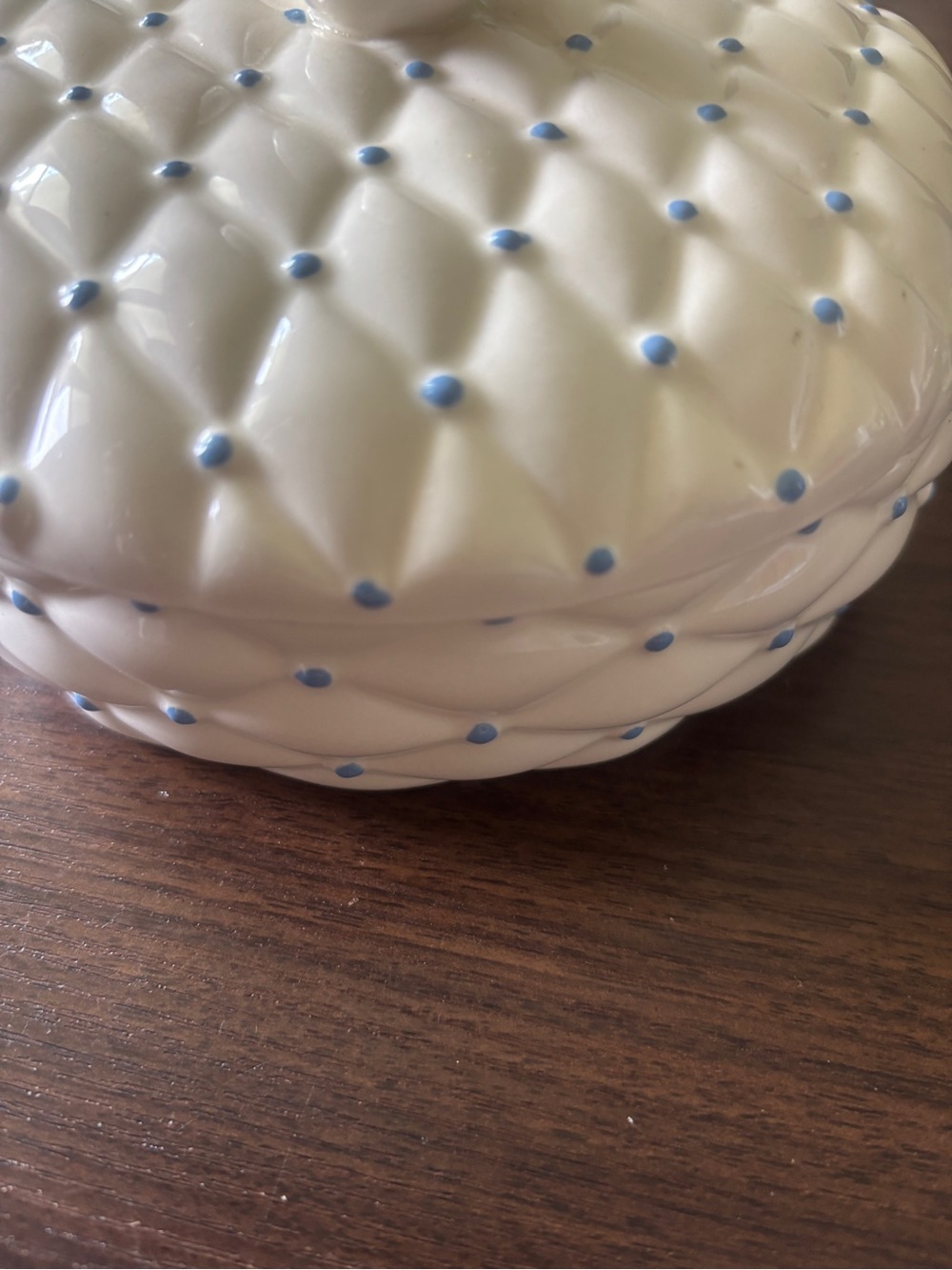 White Ceramic Lidded Jar with Light Blue Dot Detail